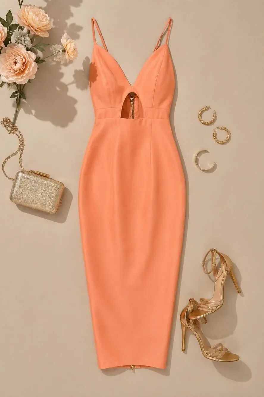 House of CB London Peach Coral Cutout Bodycon Midi Dress XS NWT